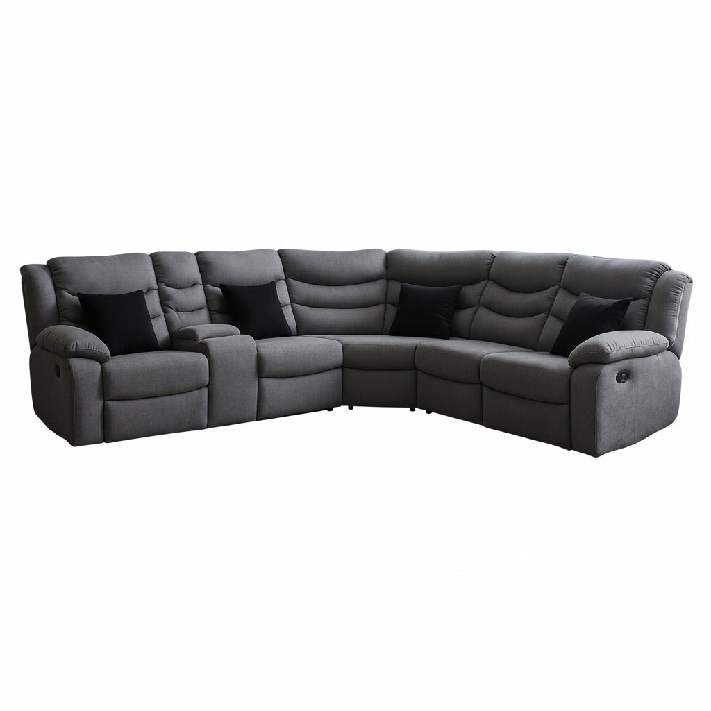 seccional reclinable gris plata, vista frontal, cómodo y moderno